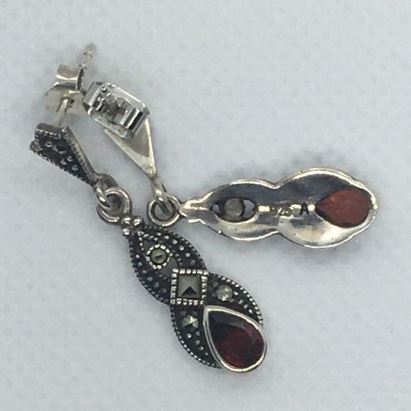 Red Garnet Sterling Silver Marcasite Drop Earrings - Picture 4 of 6